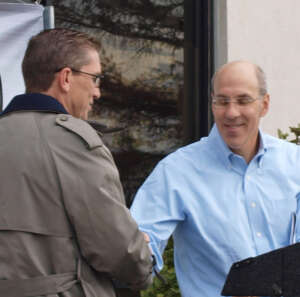 Mayor Mark Huizenga of Walker, Michigan, and Jim Porter, CFO of Apogee Enterprises, Inc., Tubelite’s parent company (photo by Brian Tobias)